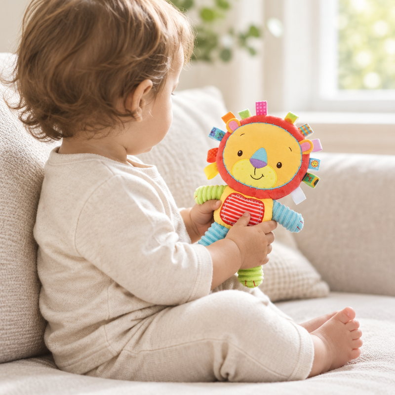 Toddler on a sofa holding the lion tag plush