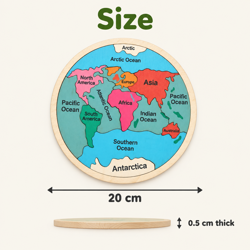 World map puzzle size: 20 cm across, 0.5 cm thick