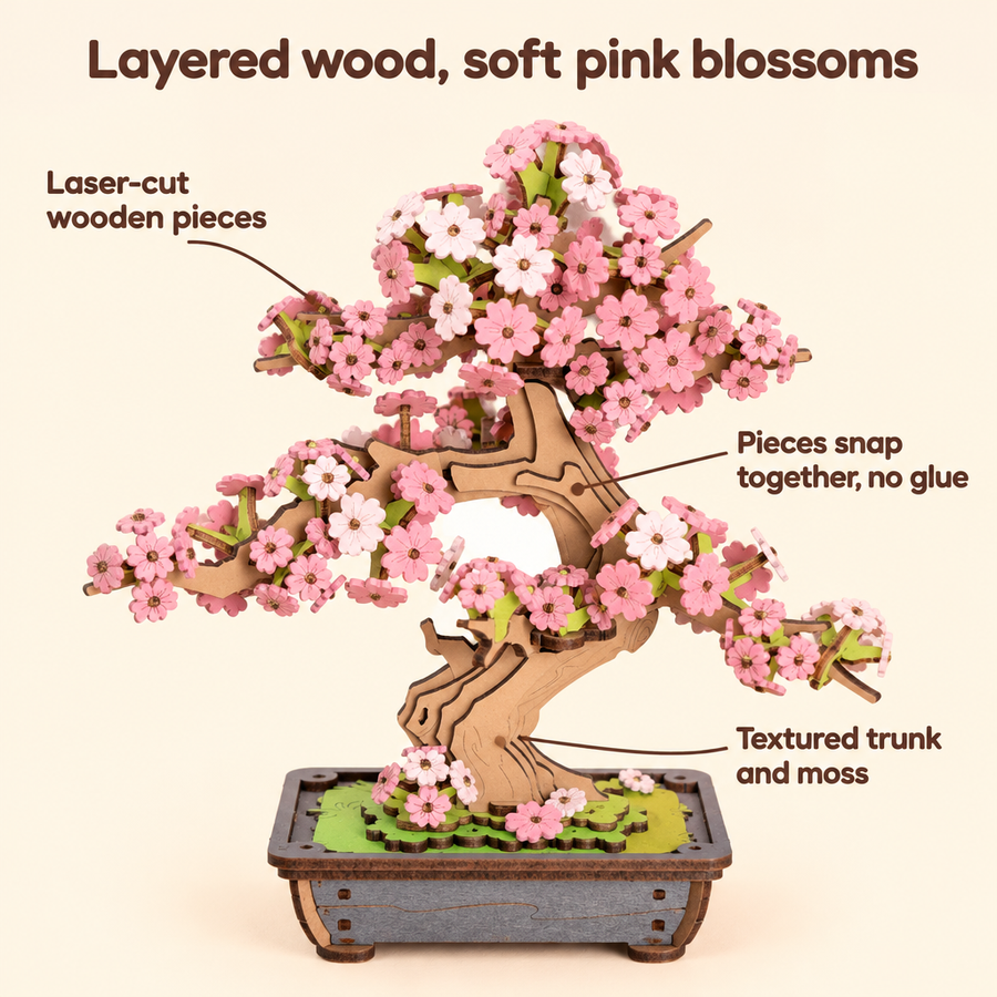 Layered wood and soft pink blossoms