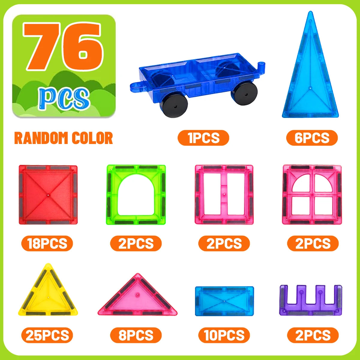 Montessori Magnetic Building Tiles Set, 32 to 100 Pieces