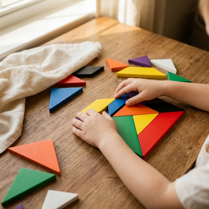 Montessori Wooden Tangram Puzzle Blocks - Deluxe Set in use