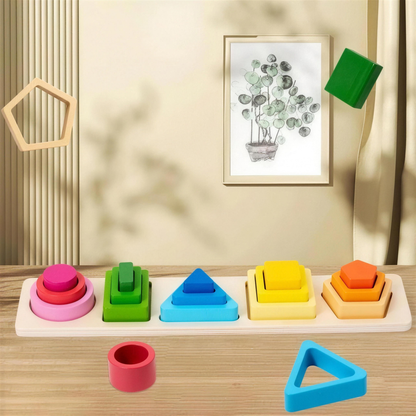 Montessori wooden shape sorting board with five columns of colorful stacking shapes