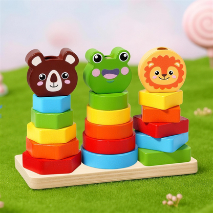 Montessori wooden animal stacking tower with bear, frog and lion faces