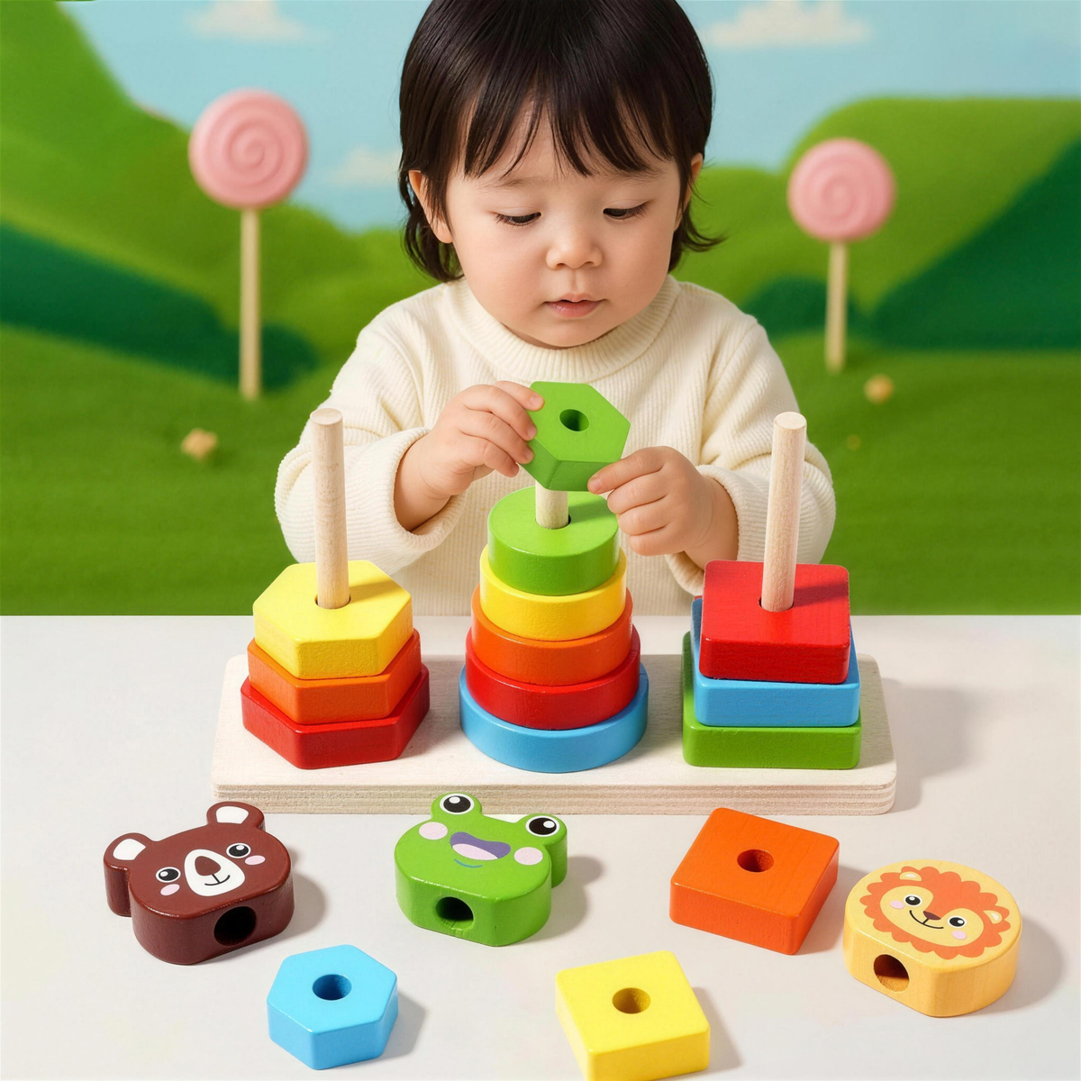 Montessori wooden sorting and stacking toy