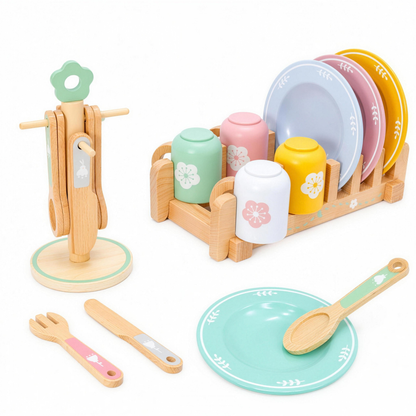 Wooden pretend play dinnerware set with plate rack, cups and cutlery
