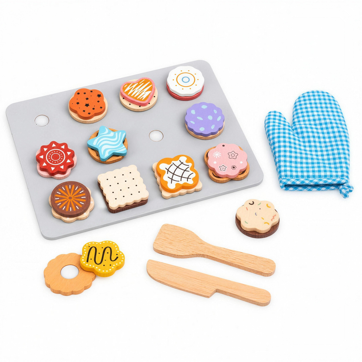 Wooden pretend play baking set with cookies tray and oven mitt