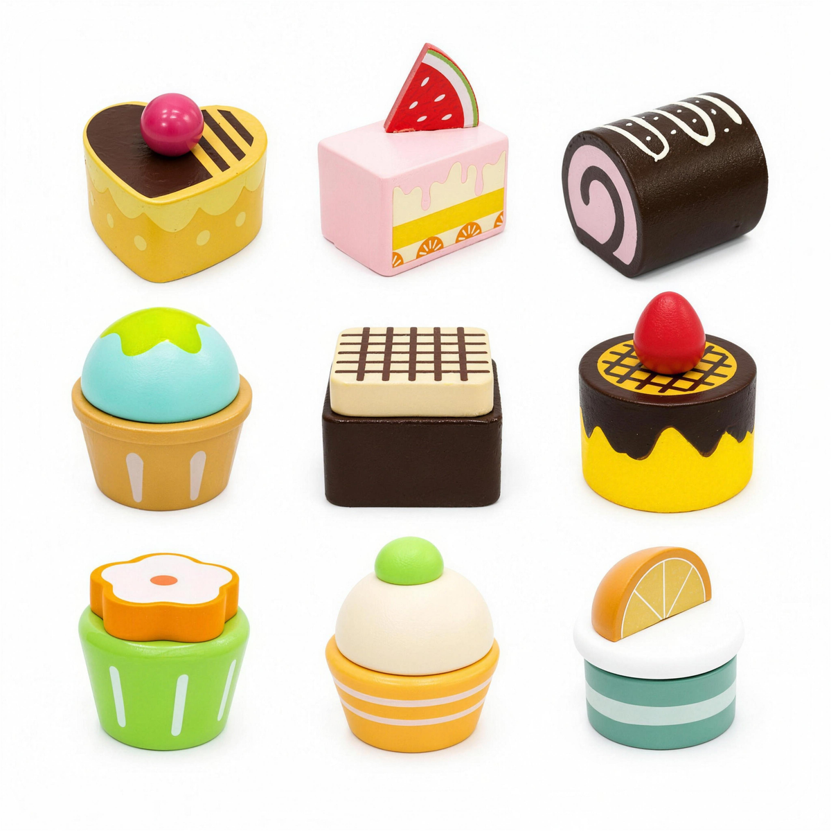Wooden pretend play dessert set with nine cakes and cupcakes
