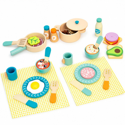 Wooden pretend play cooking set with pan, pot and place mats