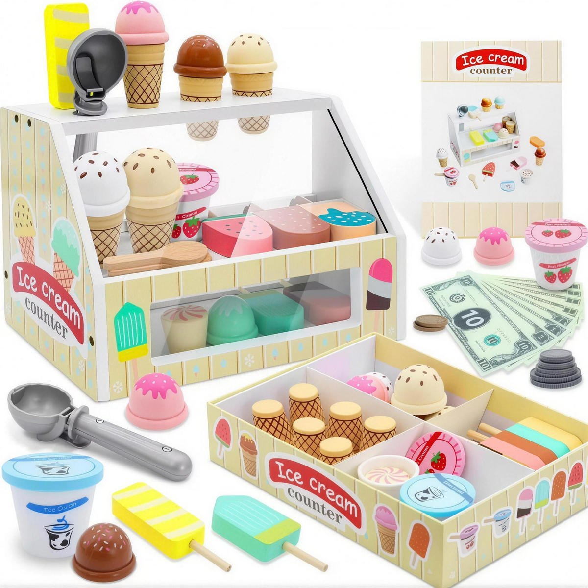 Wooden ice cream counter pretend play set with cones, scoops and ice pops
