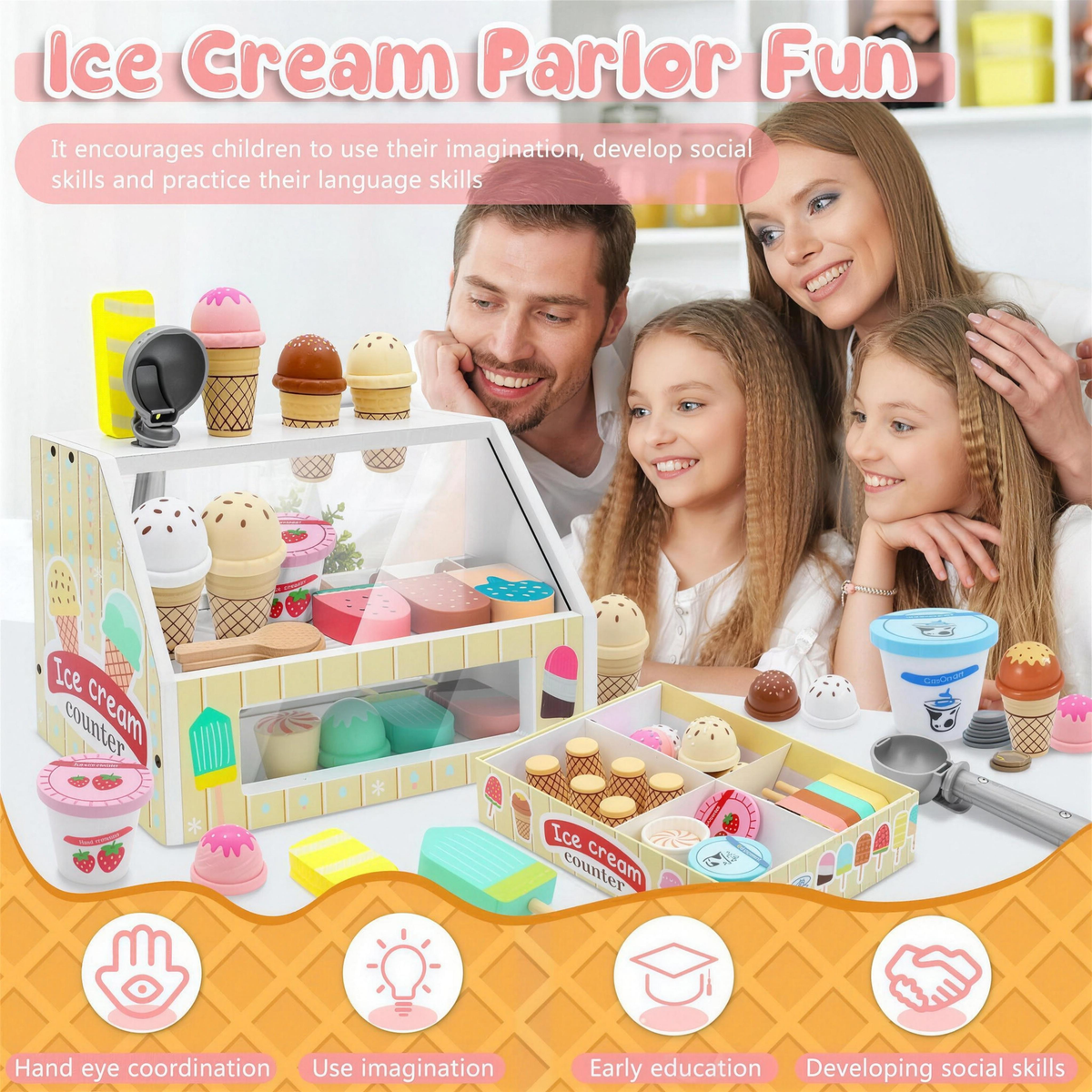 Child playing with the wooden ice cream counter set