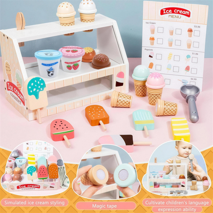 Wooden ice cream shop set with counter, menu and treats