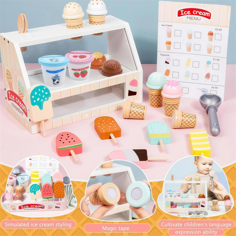 Wooden ice cream shop set with counter, menu and treats