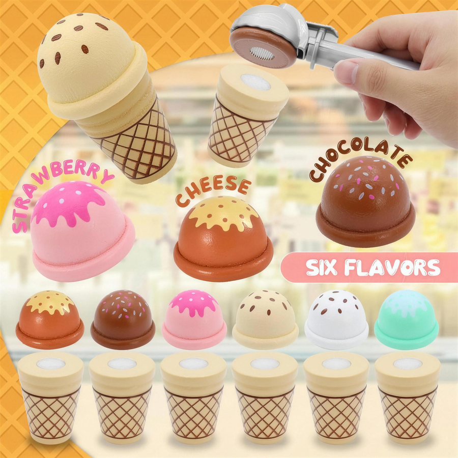 Wooden ice cream scoops and cones in six flavors