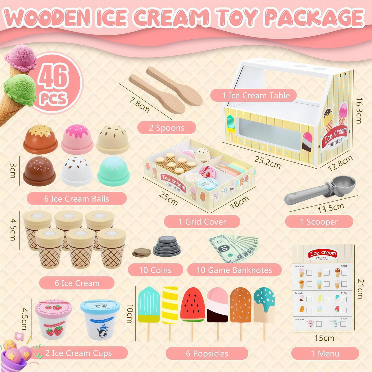 Wooden ice cream toy set pieces and sizes