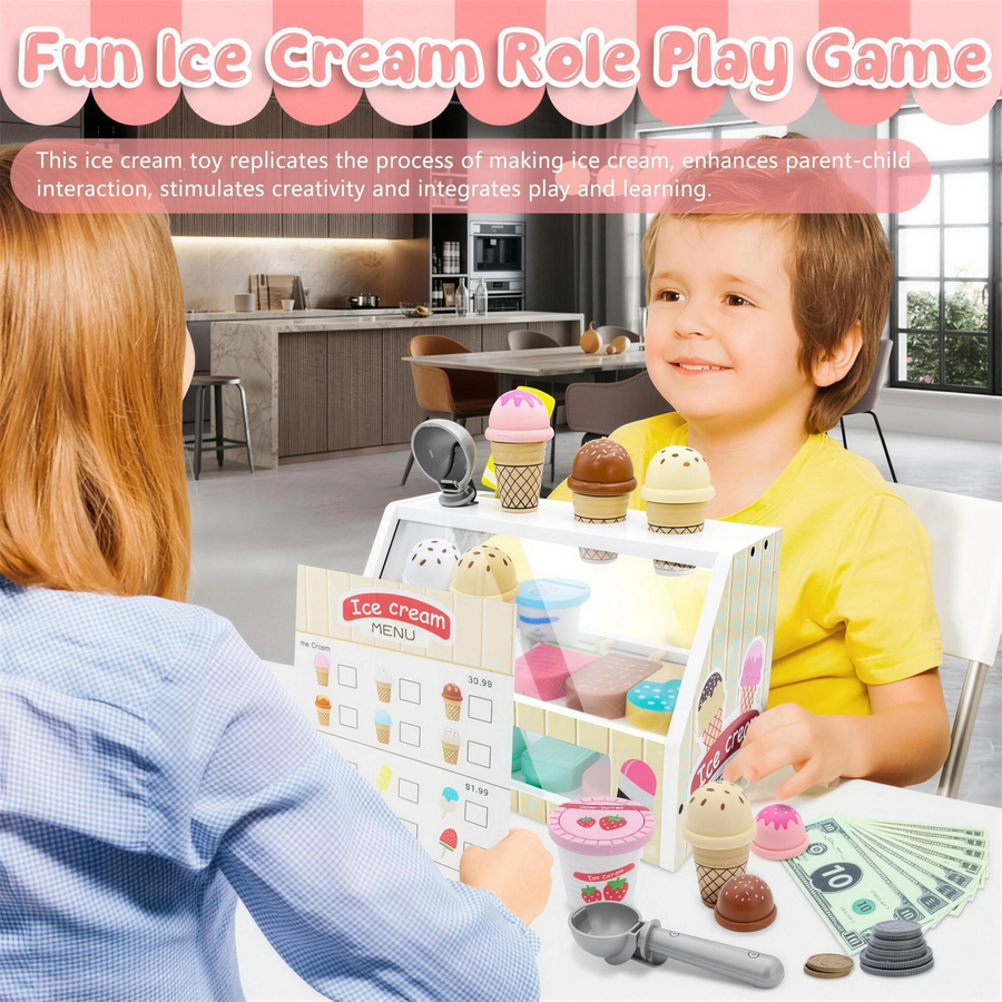 Child playing ice cream shop with the wooden counter