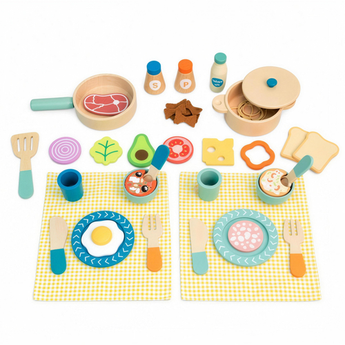 Wooden pretend play cooking set with pot, pan, play food and place mats