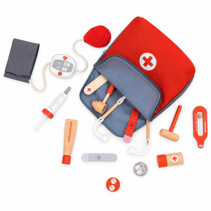 Wooden pretend play doctor kit with red carry bag and wooden medical tools