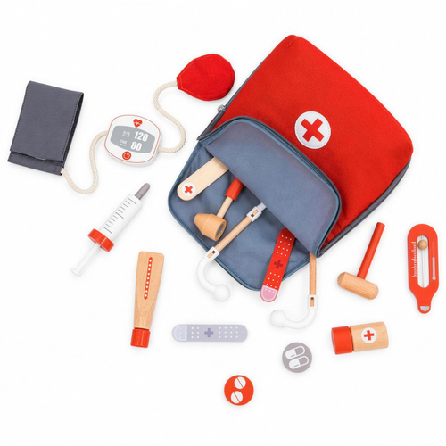 Wooden pretend play doctor kit with red carry bag and wooden medical tools