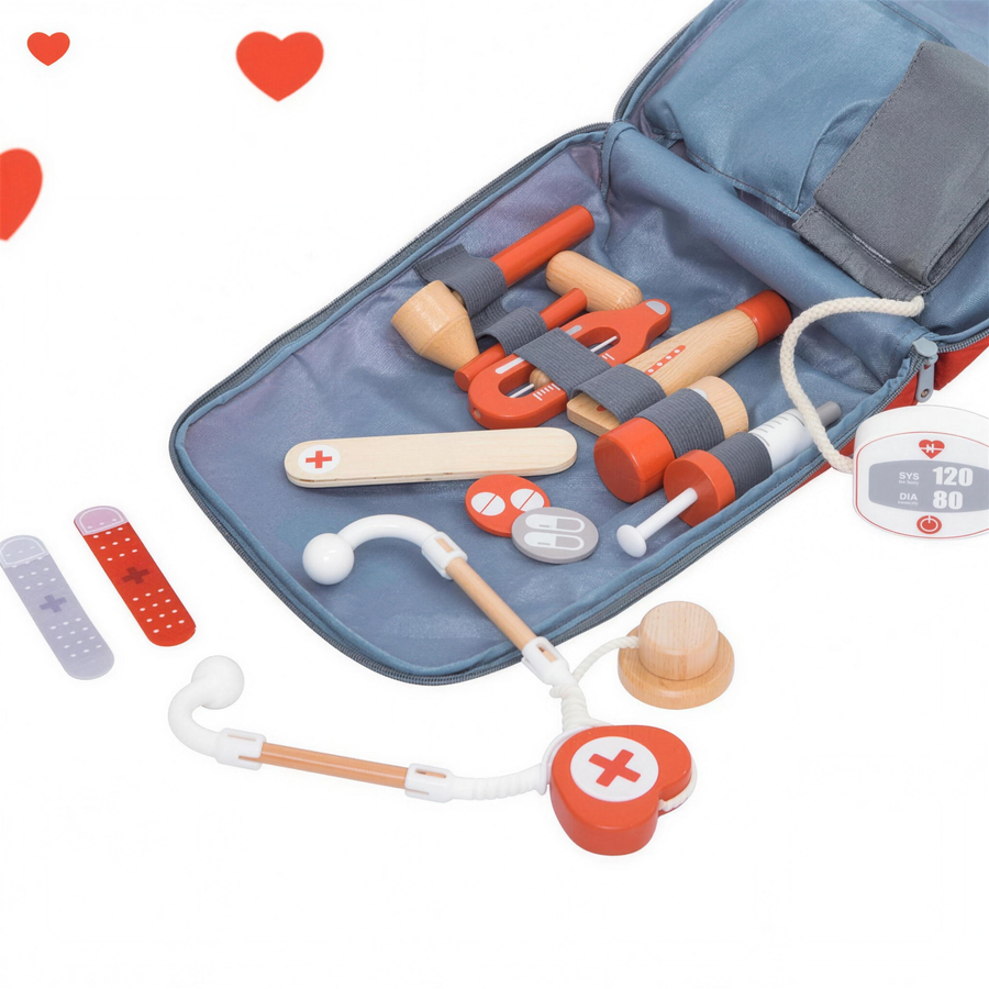 Open doctor bag showing wooden tools stored inside