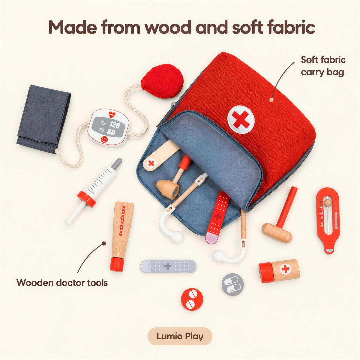 Wooden doctor tools and soft fabric carry bag