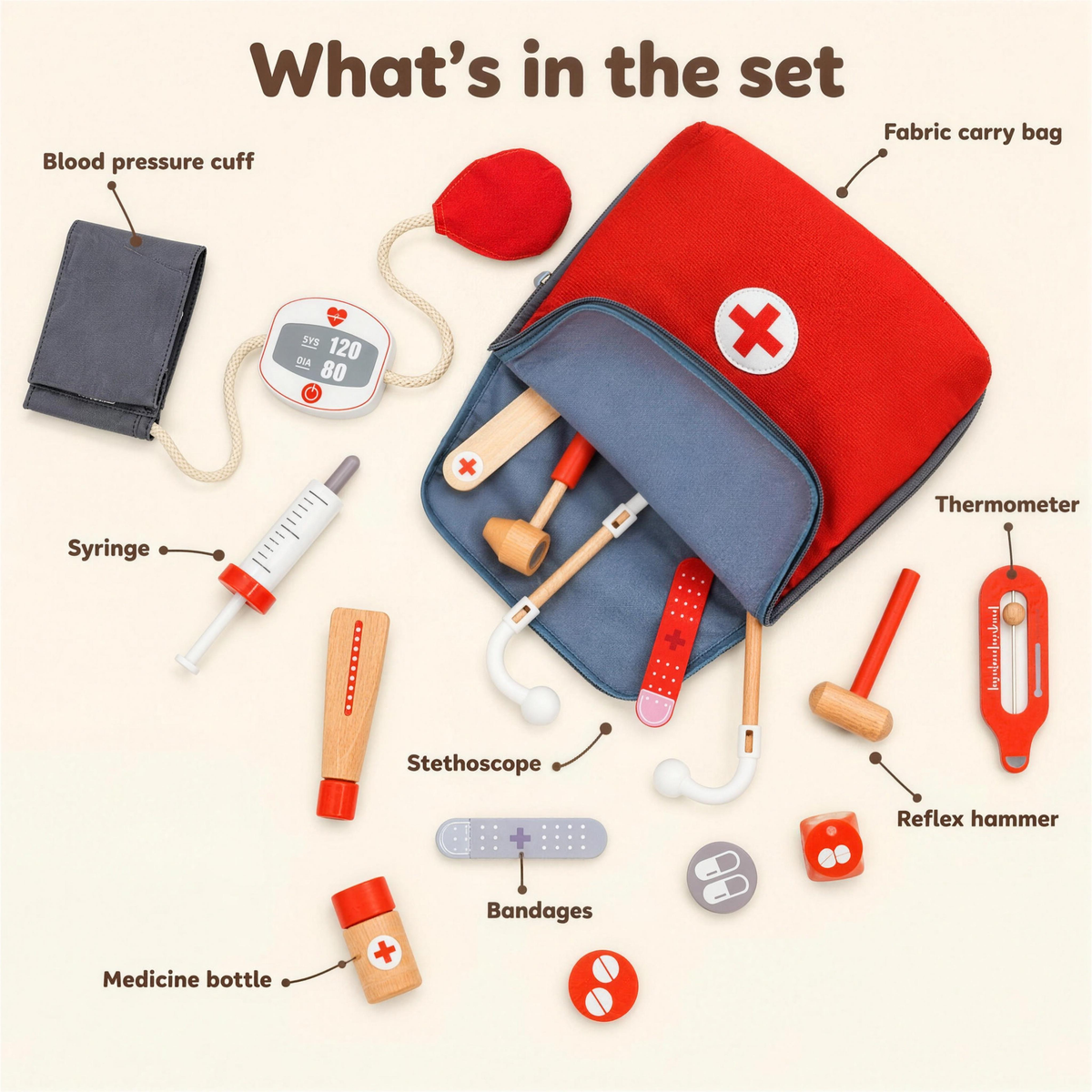 What is included in the wooden doctor kit set