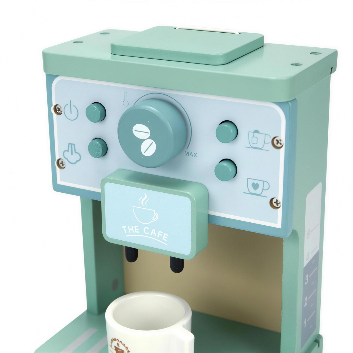 Close up of the wooden coffee machine front panel
