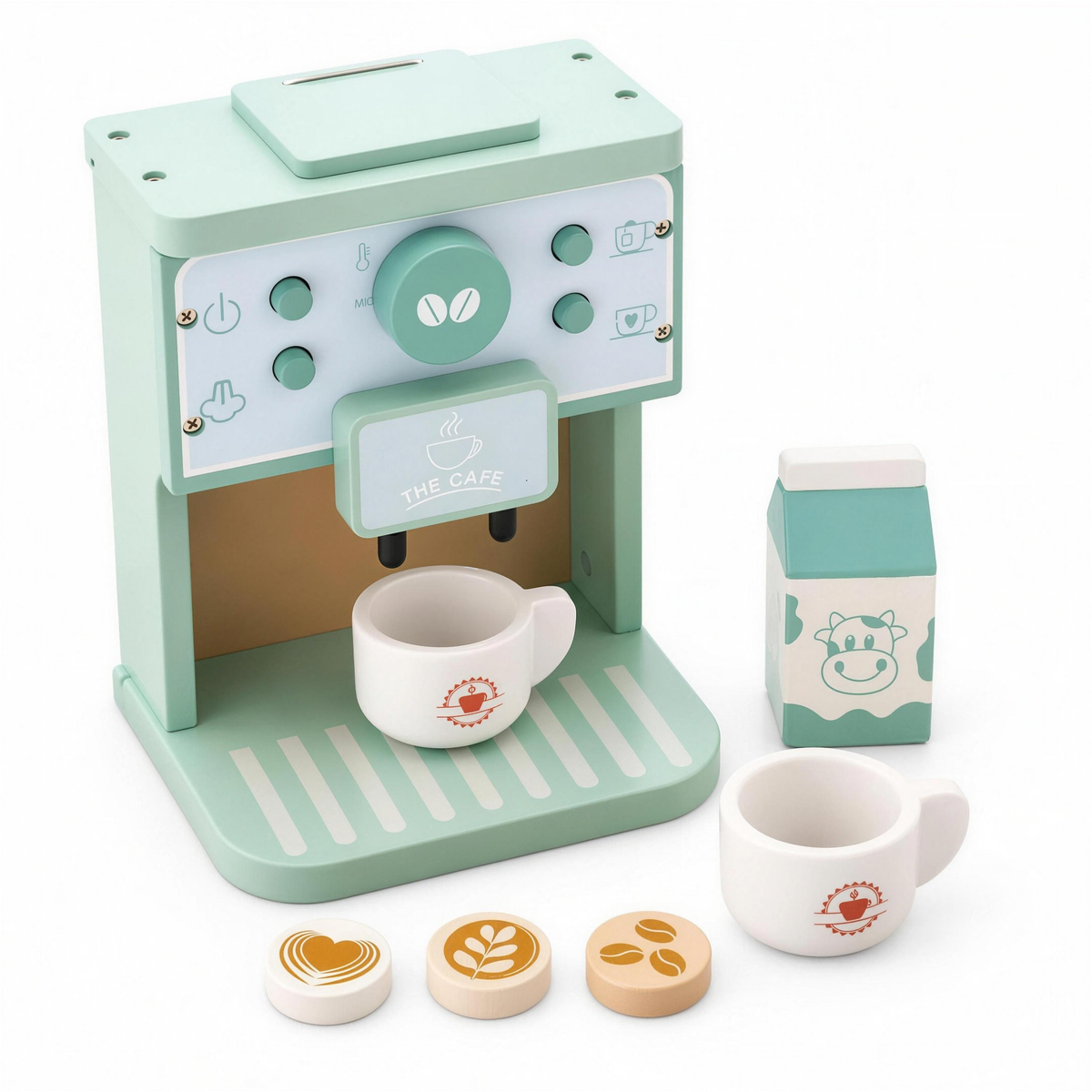 Wooden pretend play coffee maker set with cups, milk carton and coffee discs