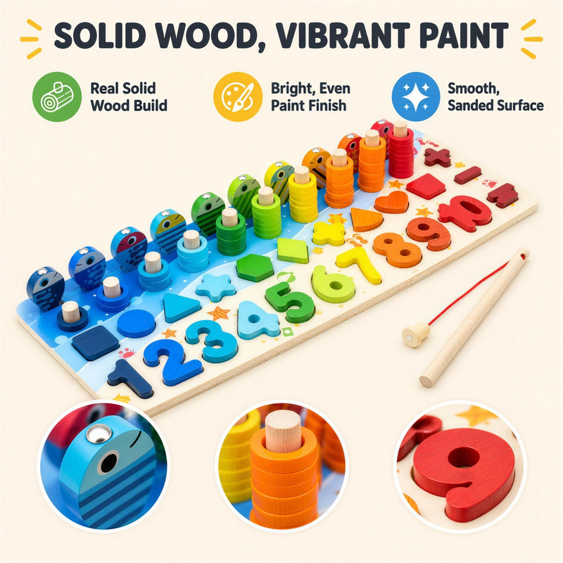 Wooden math fishing board with solid wood and vibrant paint callouts