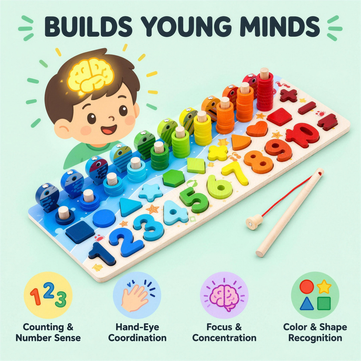 Wooden math fishing board with early learning benefits for kids