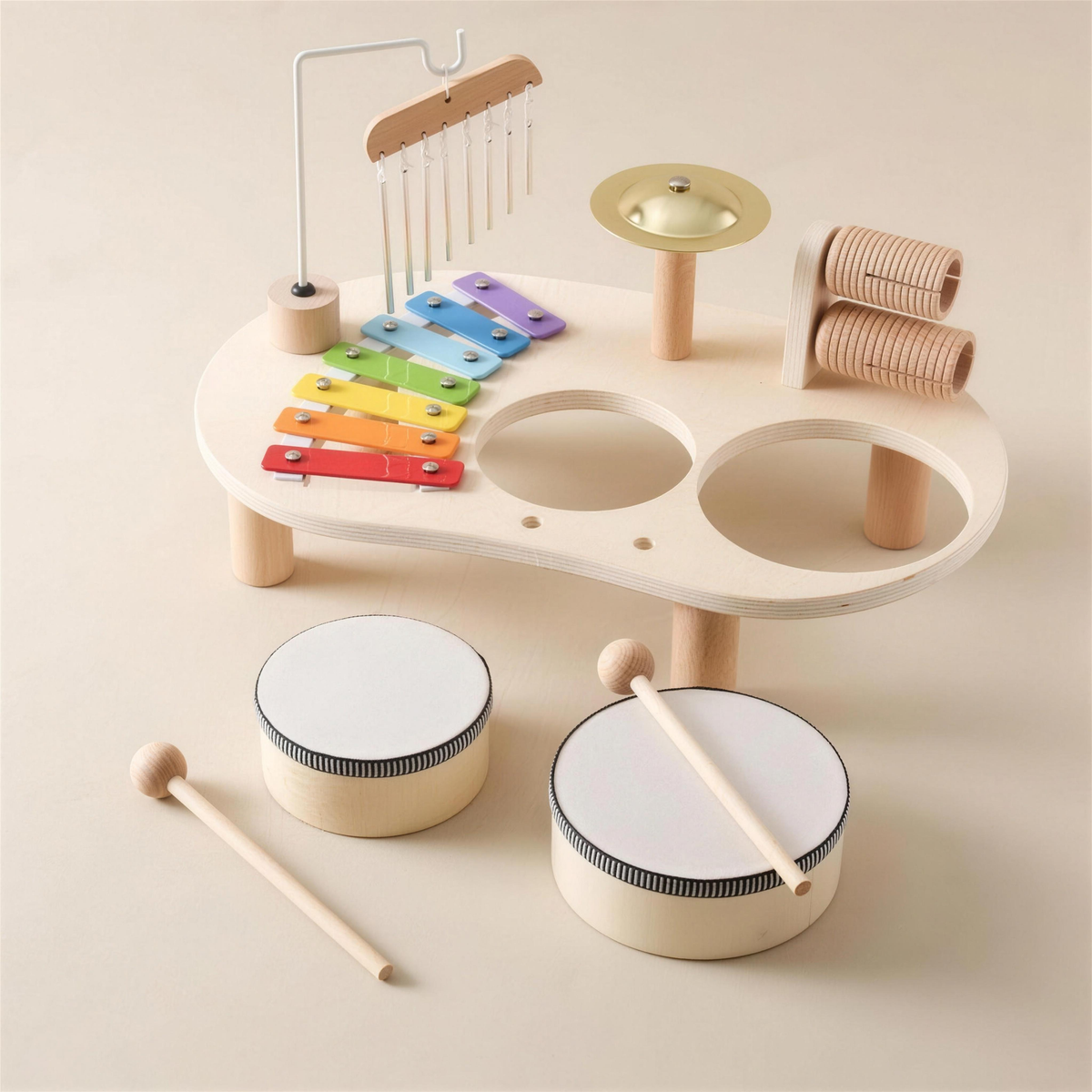 Wooden music table with drums and mallets