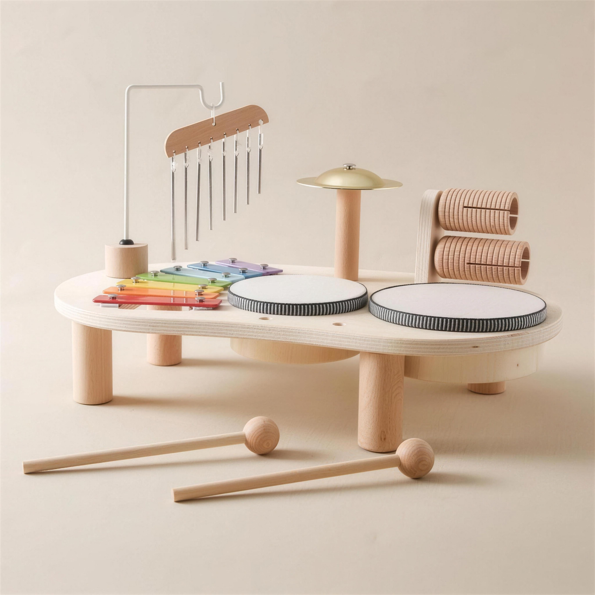 Wooden music table with chimes and mallets