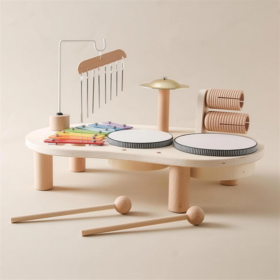 Wooden music table with chimes and mallets