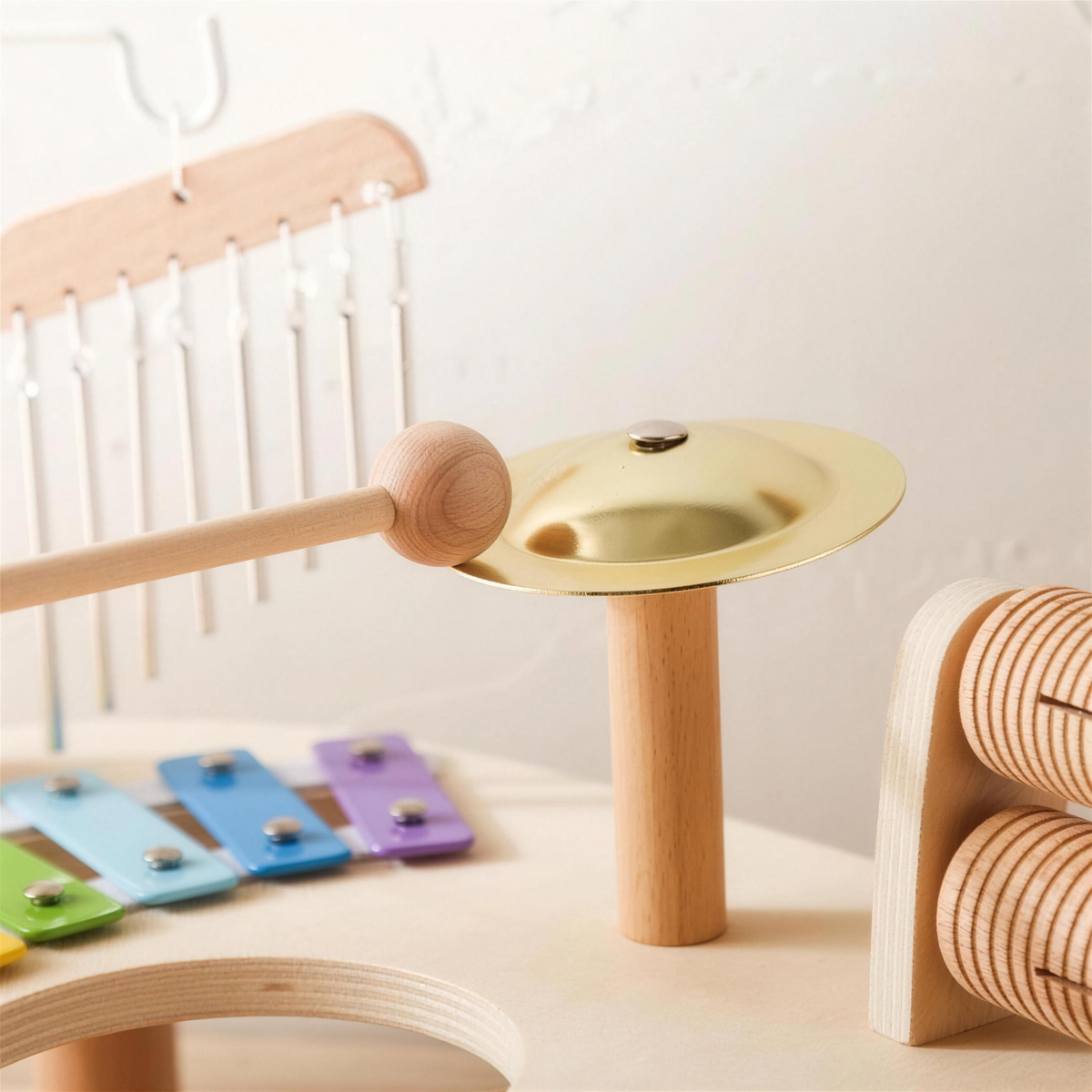 Close-up of bell chimes and cymbal