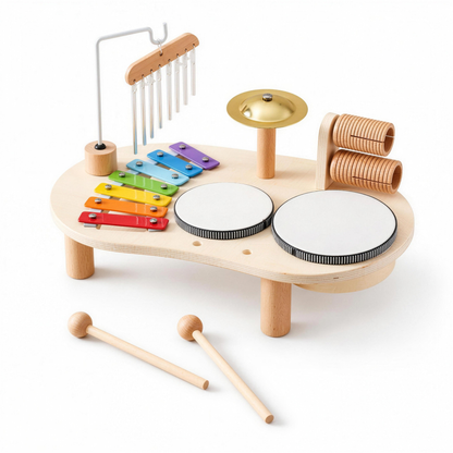 Wooden baby music table with xylophone, drums, chimes and mallets
