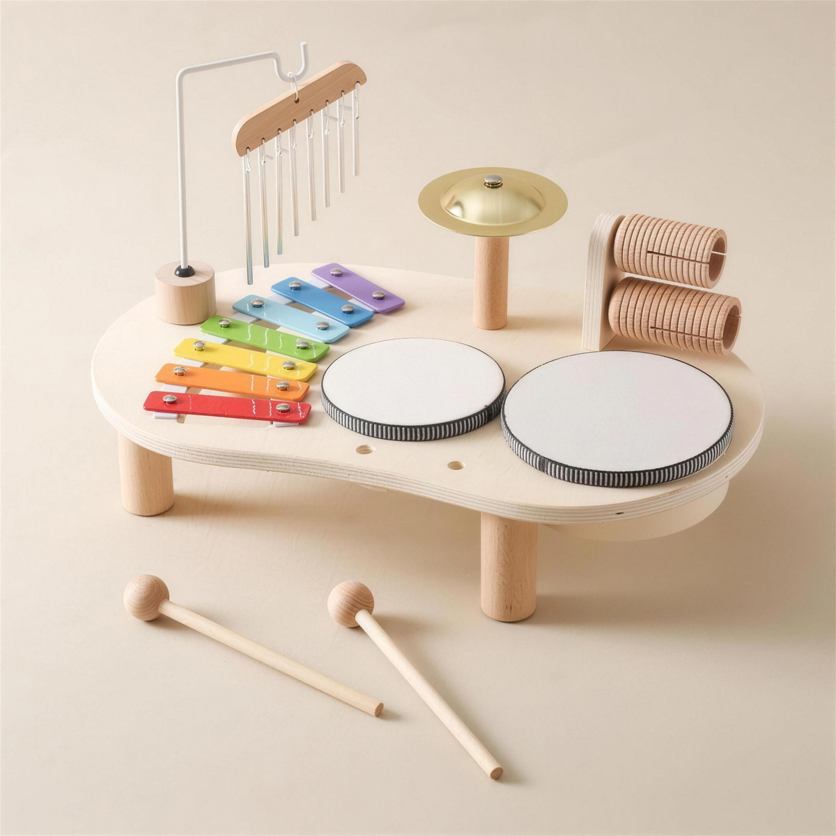 Wooden music table set on a soft background