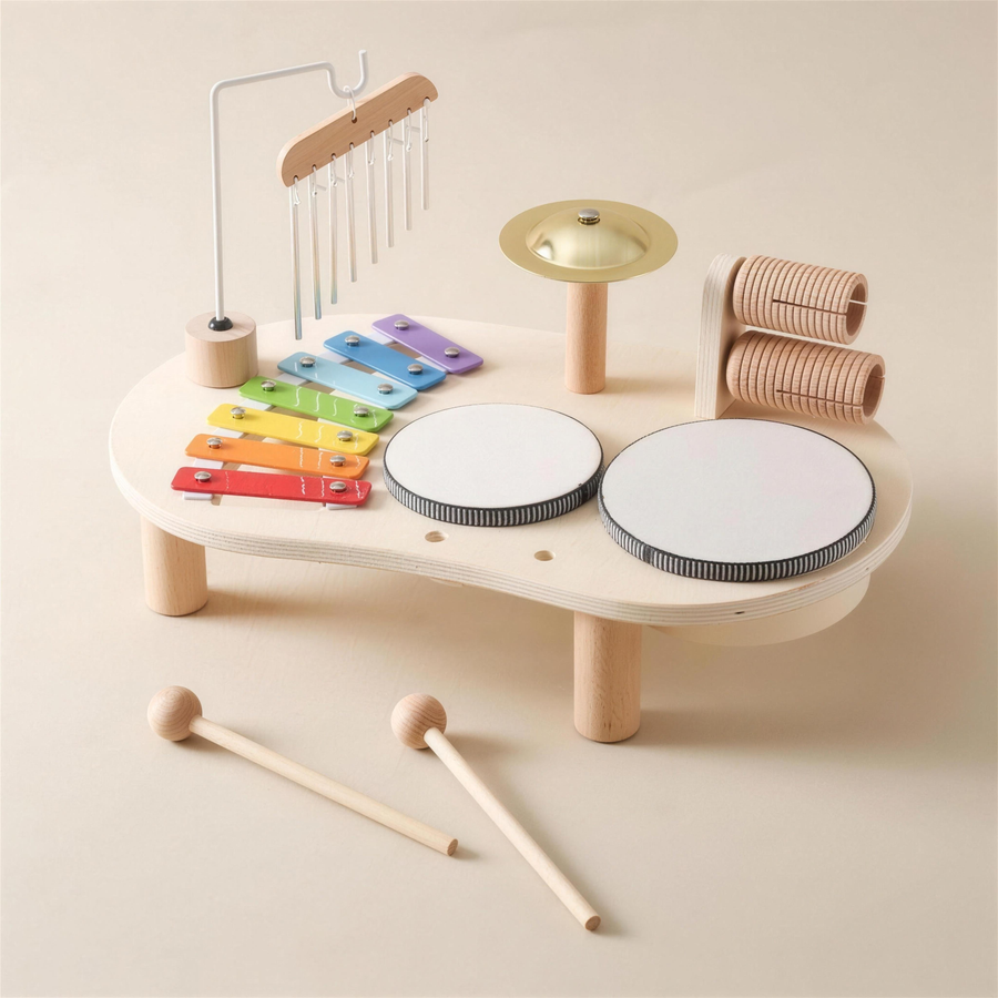 Wooden music table set on a soft background