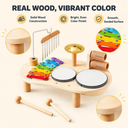 Wooden baby music table with real wood and vibrant color callouts