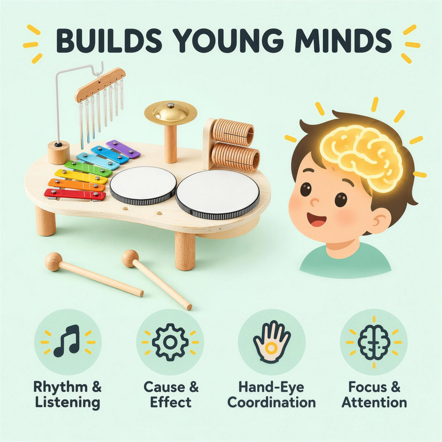 Wooden baby music table with early learning benefits for toddlers