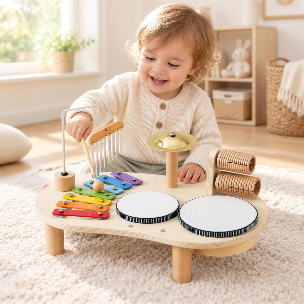 Happy baby tapping the xylophone on the wooden music table