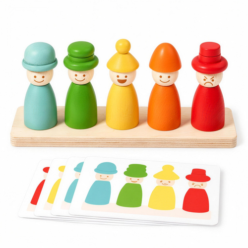 Wooden Montessori color sorting puppet hat face matching set on white
