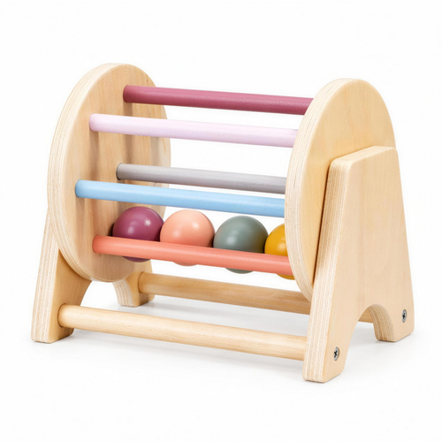 Montessori wooden rolling drum with colored balls on white
