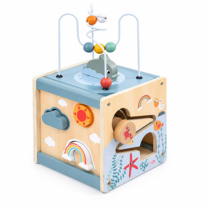 Montessori wooden ocean activity cube 5-in-1 on white