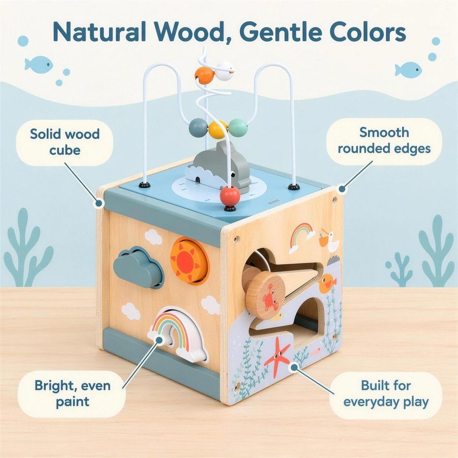 Wooden activity cube material and paint finish