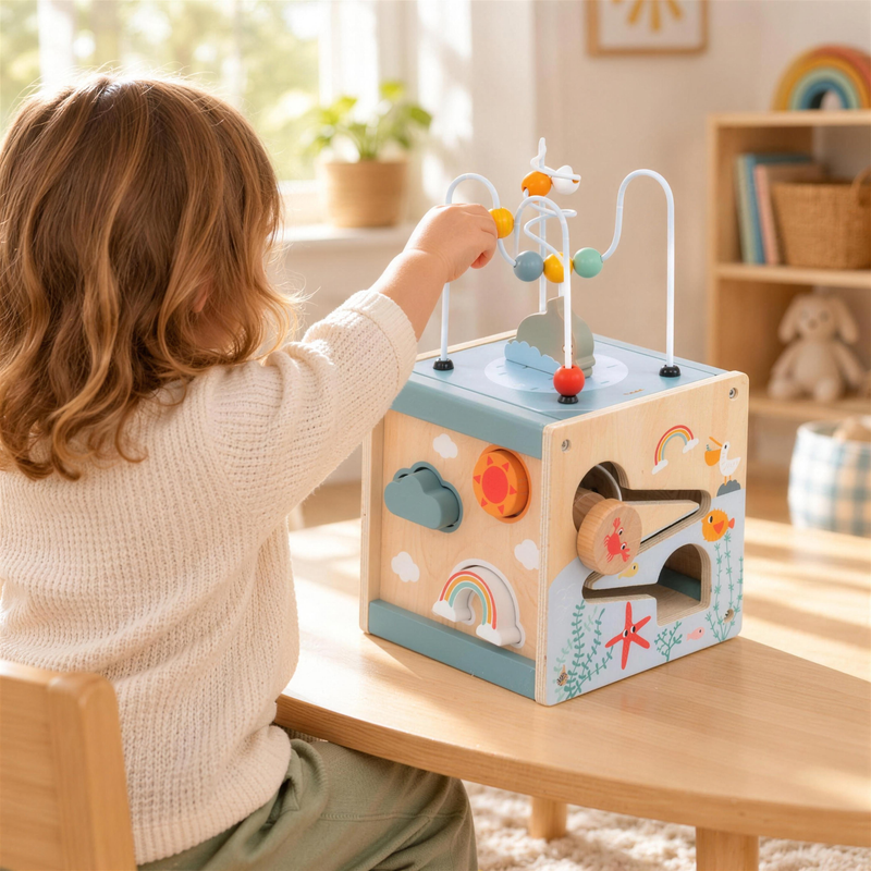Child playing with the wooden activity cube at a table