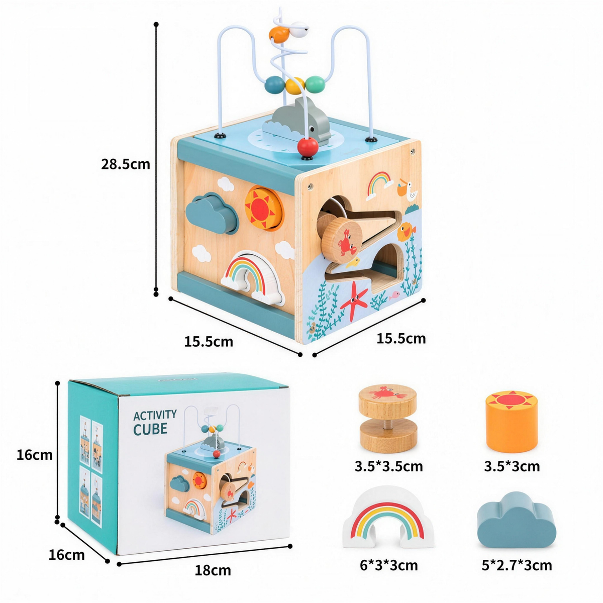Wooden activity cube size and included pieces with measurements