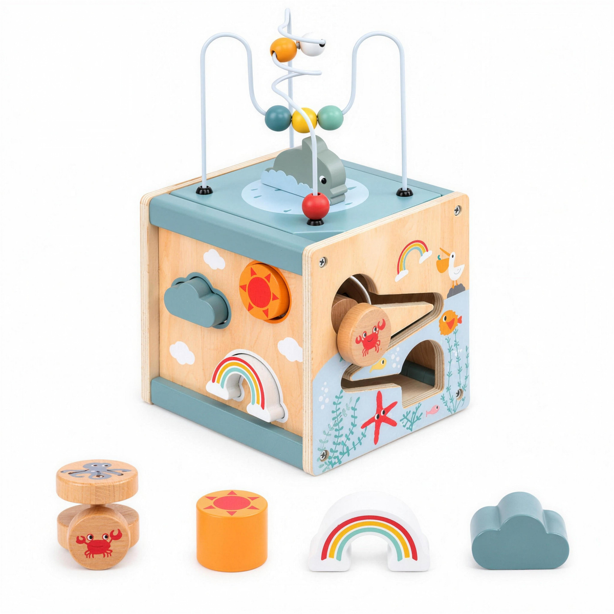 Wooden activity cube with its four loose sorter pieces