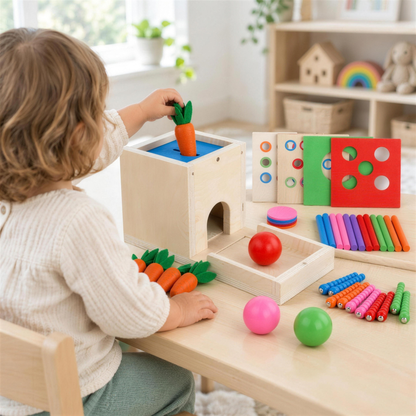 Toddler pulling a carrot from the wooden object permanence box