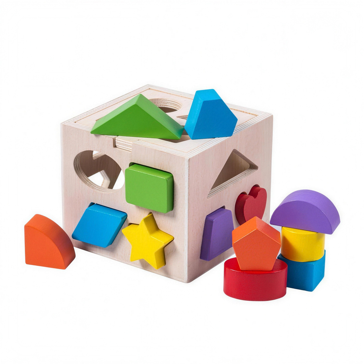 Wooden shape sorter cube with colorful shape blocks