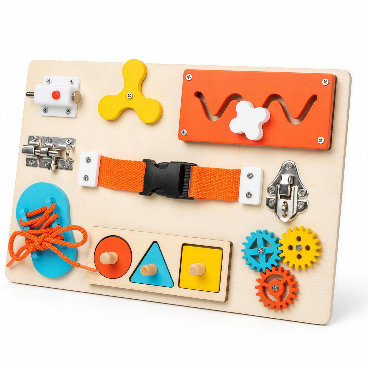 Wooden busy board with latches, buckle, lace and gears