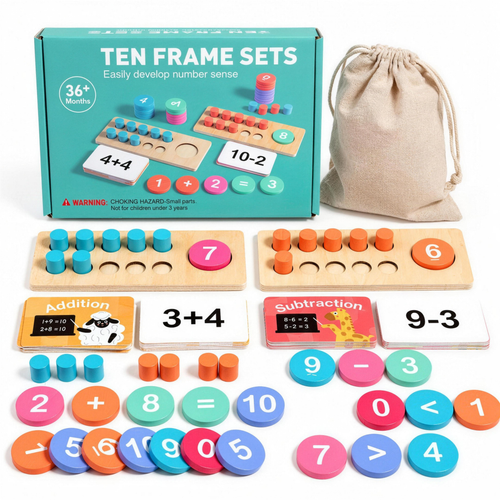 Wooden ten frame math set with blocks, number discs and cards